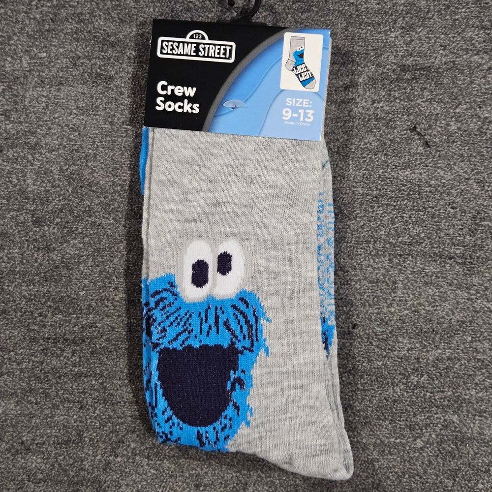 Sesame Street Cookie Monster Mens Crew Socks Gray Blue Size 9-13 New 431248